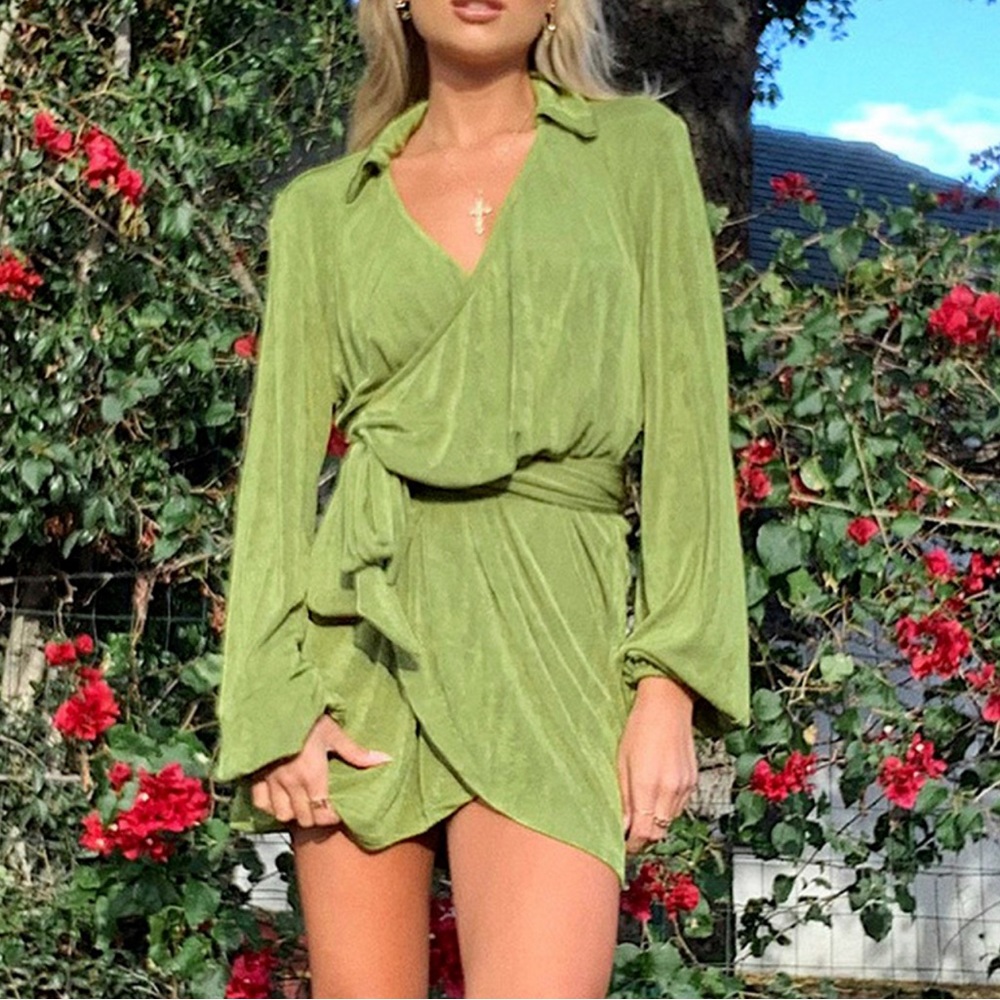Green long sleeve mini wrap dress- Princess Polly